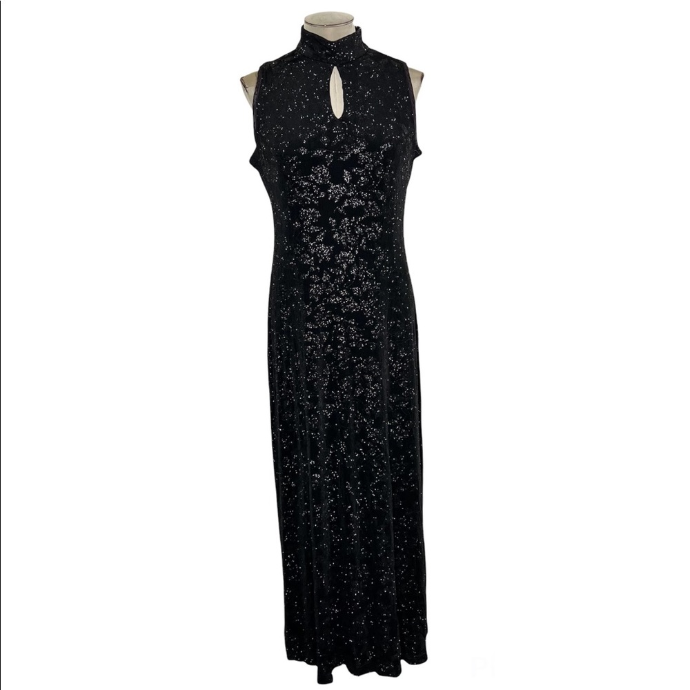 90s Coldwater Creek Black Maxi A Line Mock Neck Floral Glitter Formal Dress